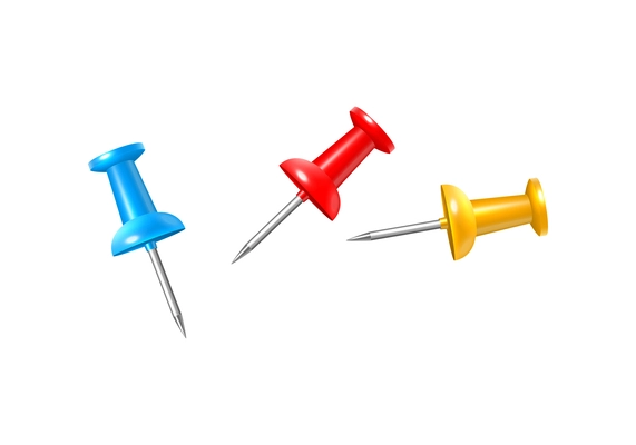 Realistic colorful push pins on white background isolated vector illustration