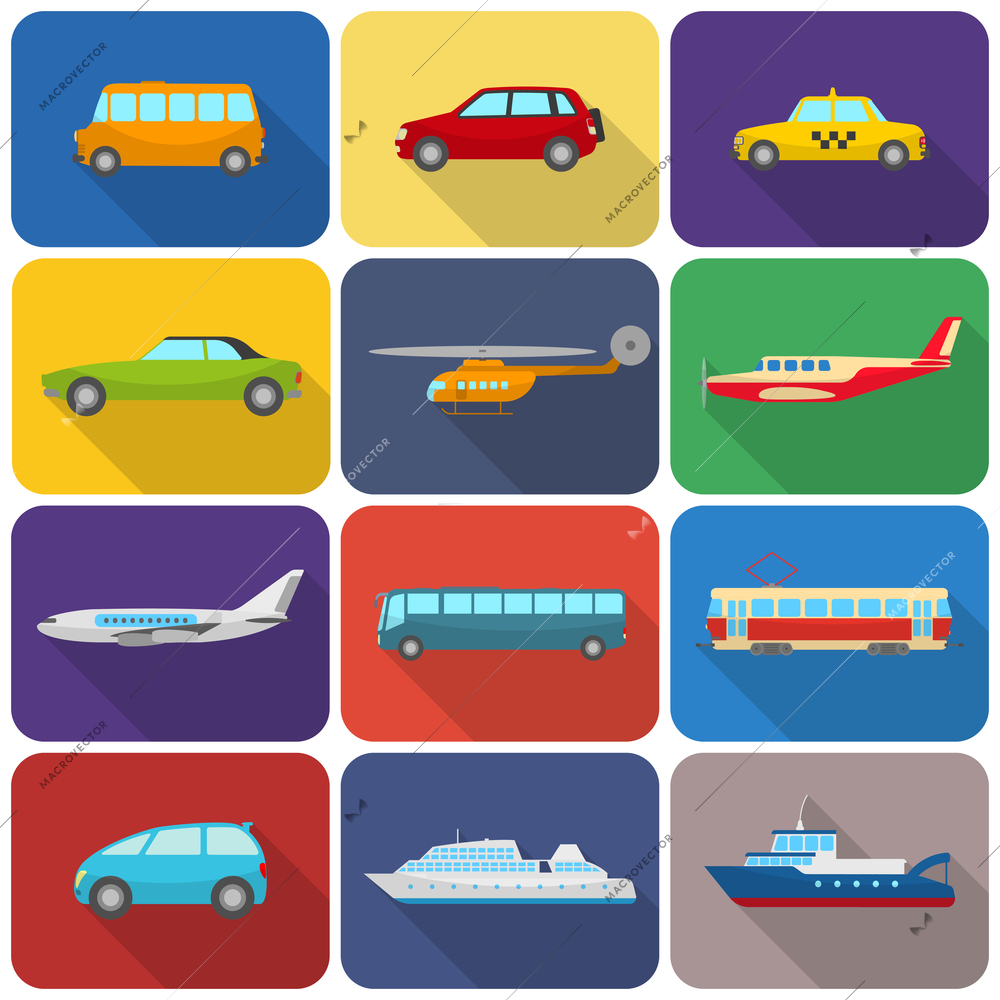 Multicolored drawn transport types icons flat isolated vector illustration