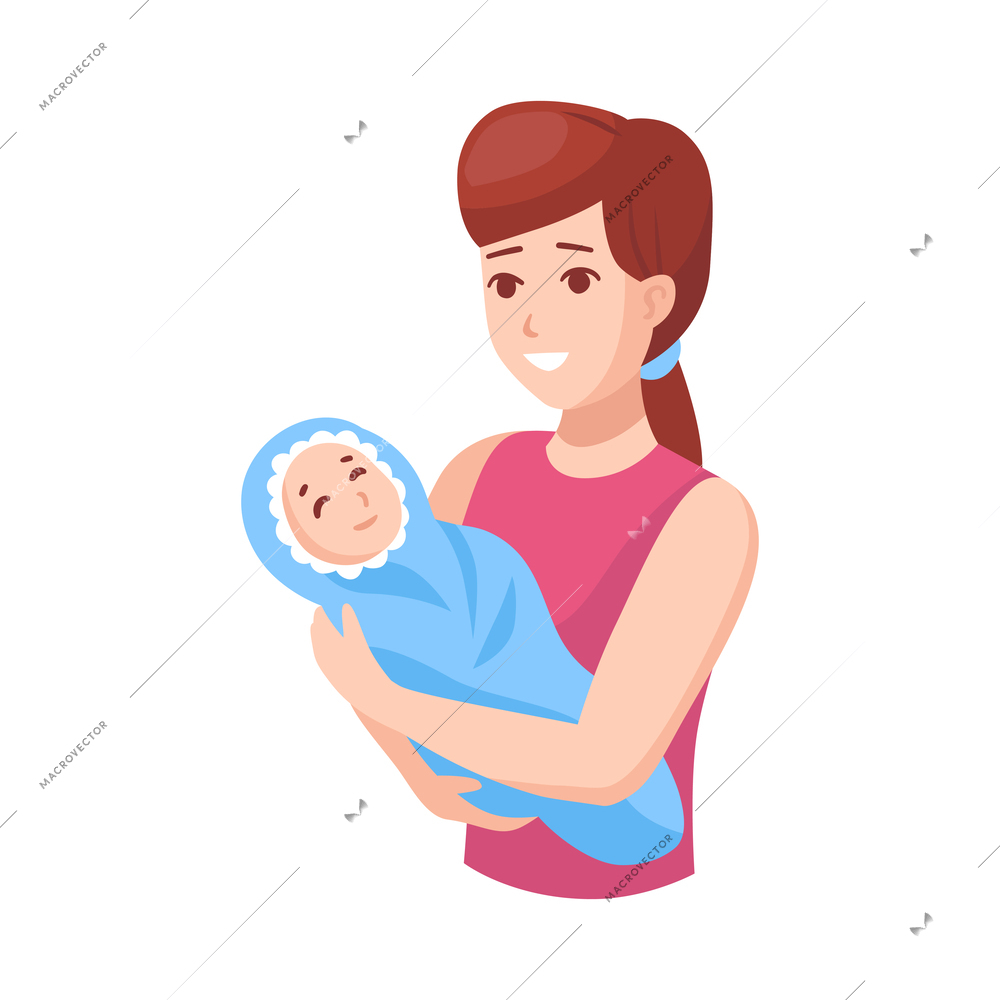 Happy mum holding newborn baby flat vector illustration