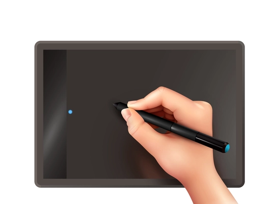 Human hand drawing on graphic tablet with stylus realistic vector illustration