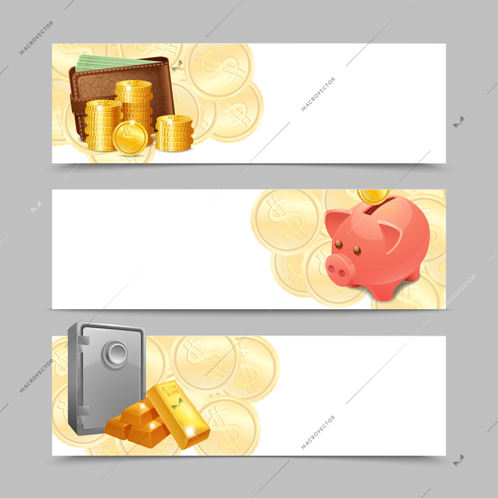 Financial banner horizontal set with realistic money wallet safe and piggy bank isolated vector illustration