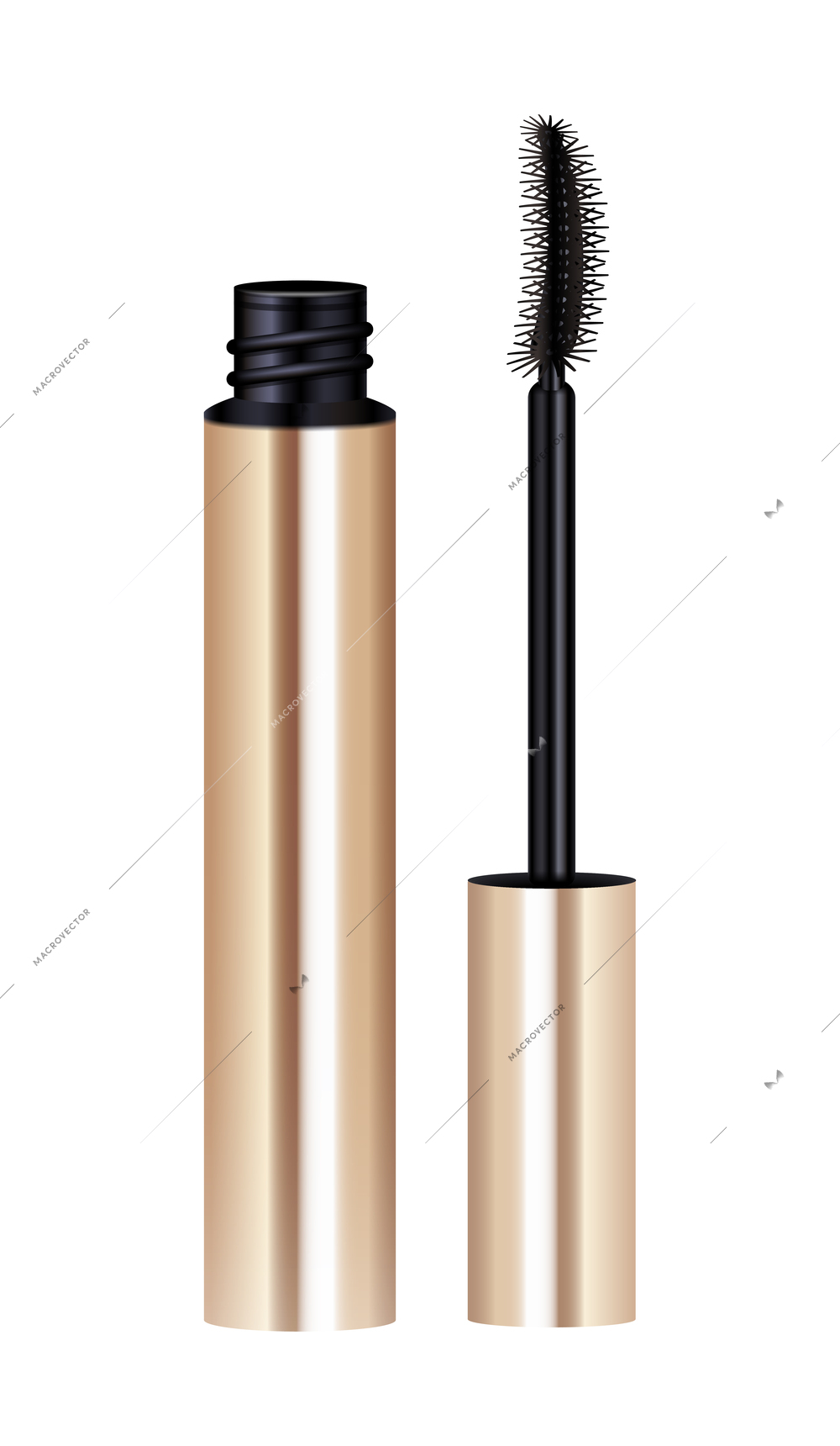 Realistic black mascara in golden tube with brush vector illustration