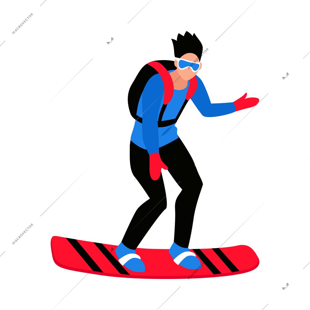 Male snowkiter kite skiier on red board flat vector illustration