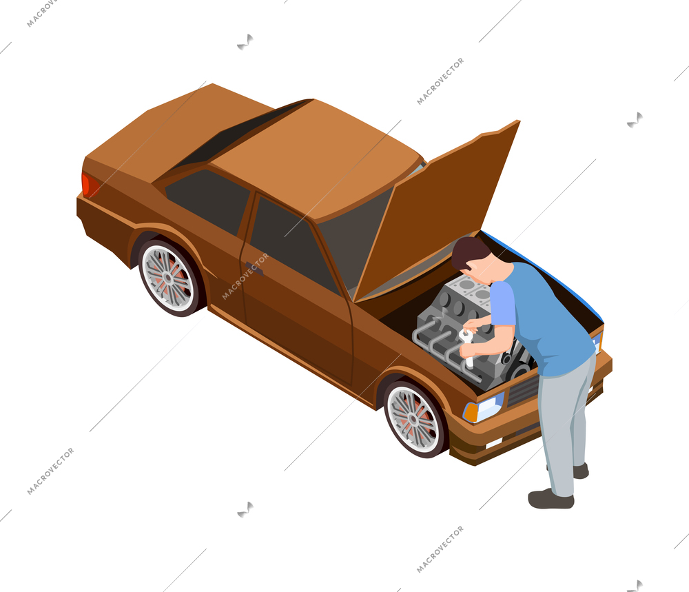 Auto mechanic repairing car isometric icon 3d vector illustration