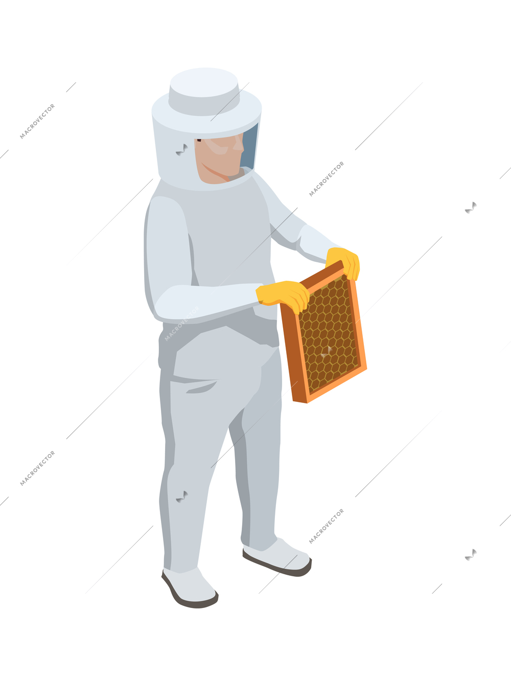 Male beekeeper with honeycomb wearing protective costume isometric icon vector illustration