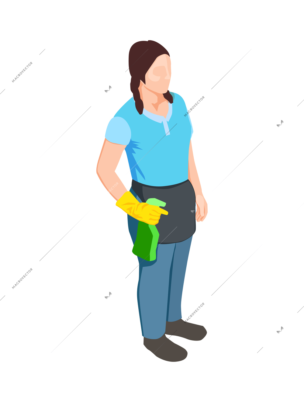 Female cleaning service worker with spray bottle isometric character vector illustration