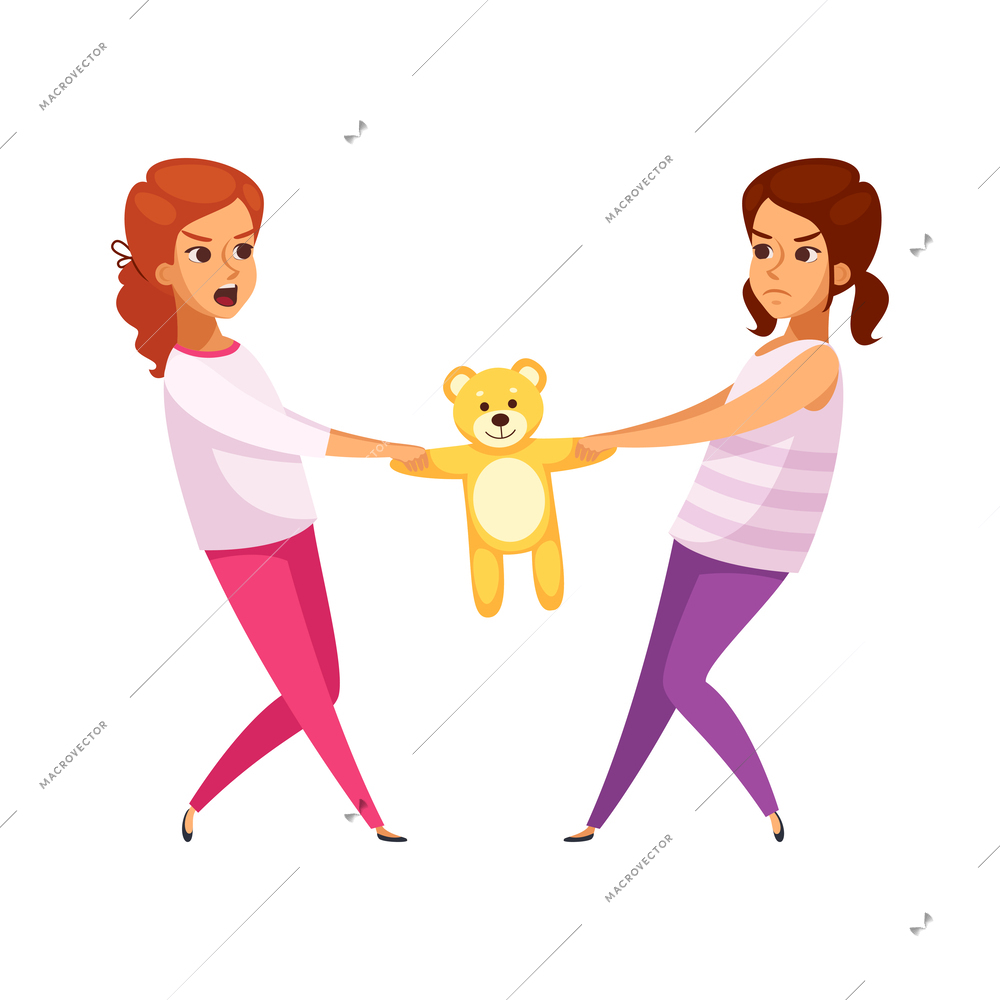 Bad behavior children cartoon concept with two sisters fighting over teddy bear vector illustration