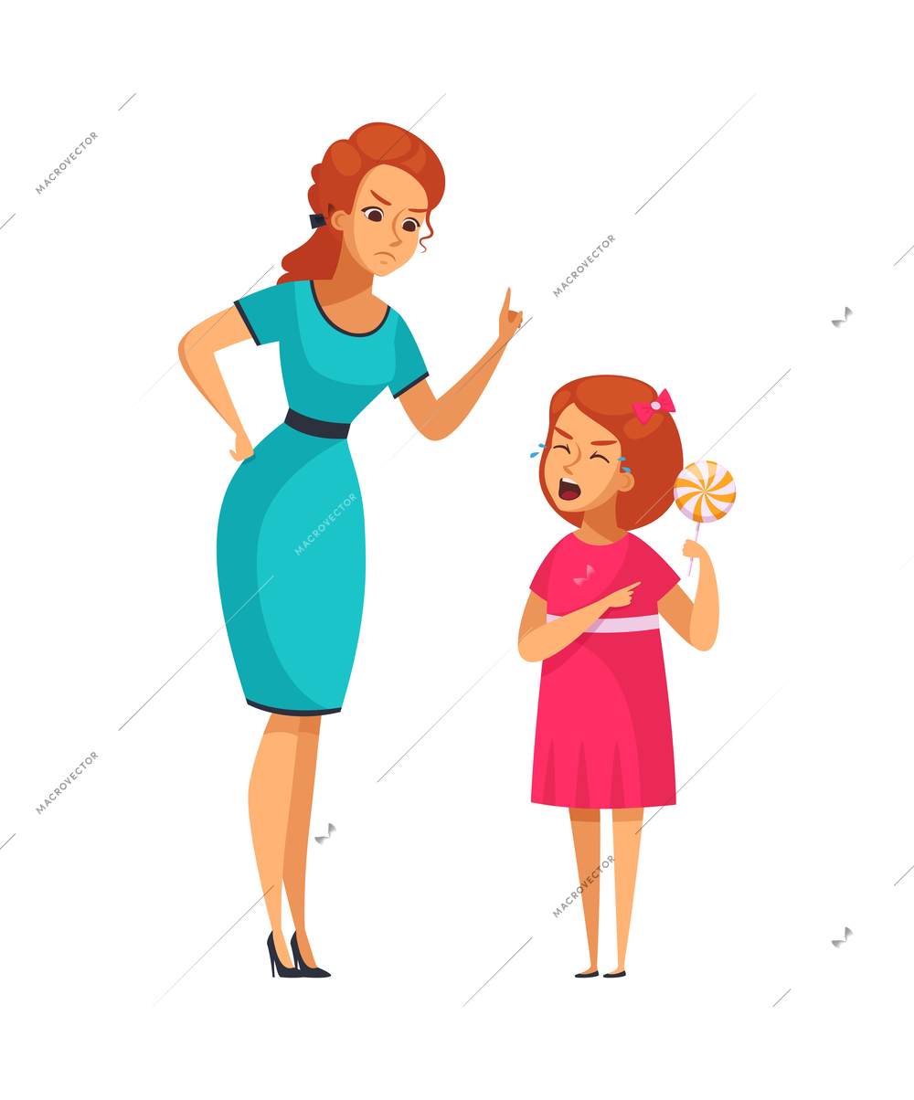Bad behavior children cartoon concept with mum scolding capricious girl for eating many sweets vector illustration
