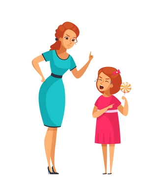 Bad behavior children cartoon concept with mum scolding capricious girl for eating many sweets vector illustration