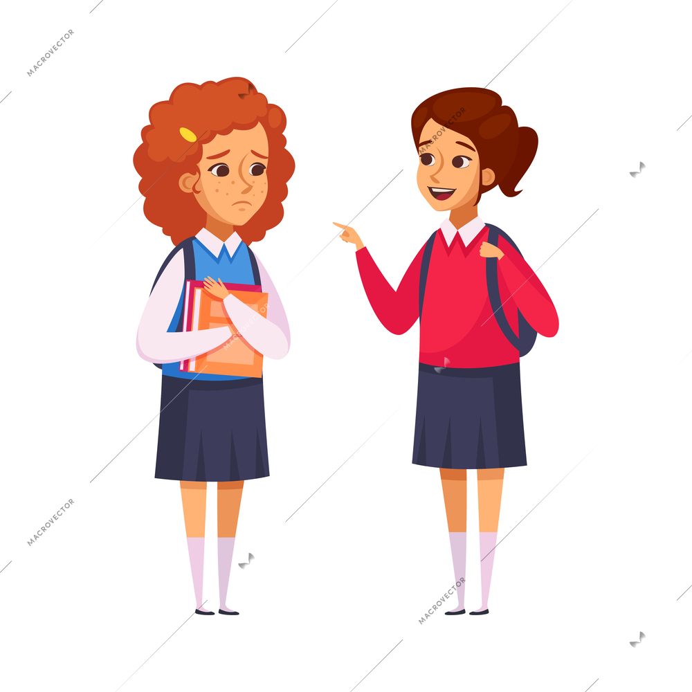 Bad behavior bullying children cartoon concept with girl laughing at her classmate with freckles on face vector illustration