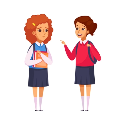 Bad behavior bullying children cartoon concept with girl laughing at her classmate with freckles on face vector illustration