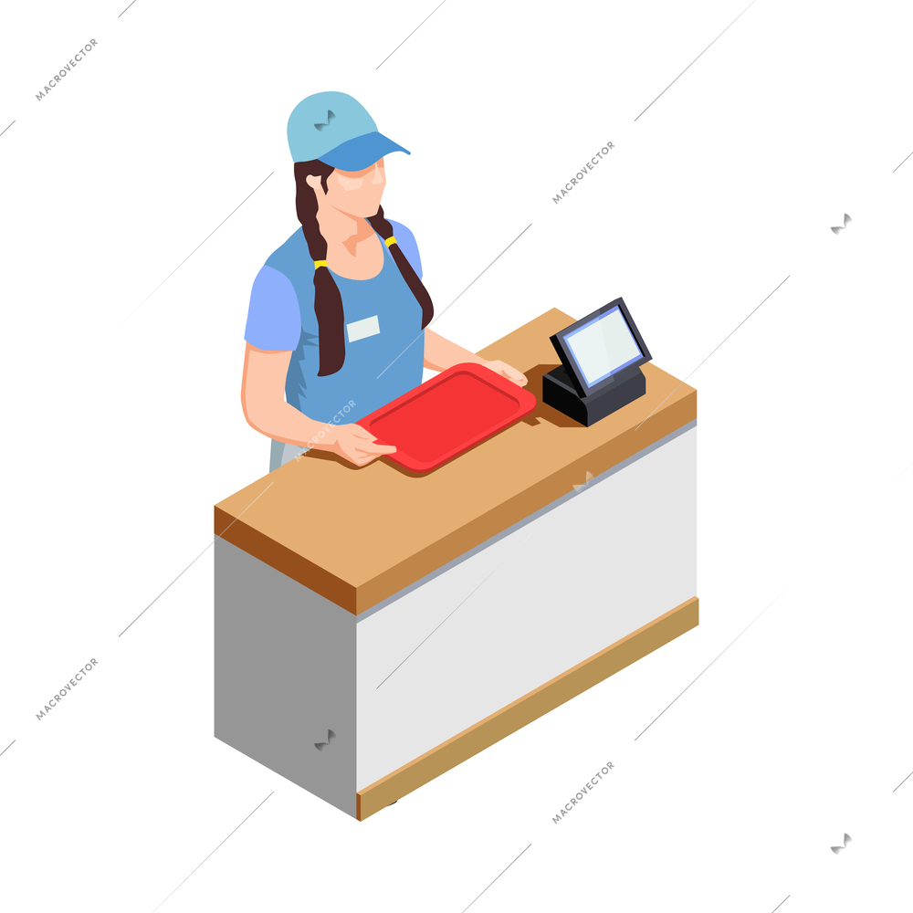 Female fast food restaurant cashier with red tray 3d isometric icon vector illustration