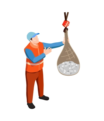 Professional fisherman with fishing net on hook isometric icon vector illustration