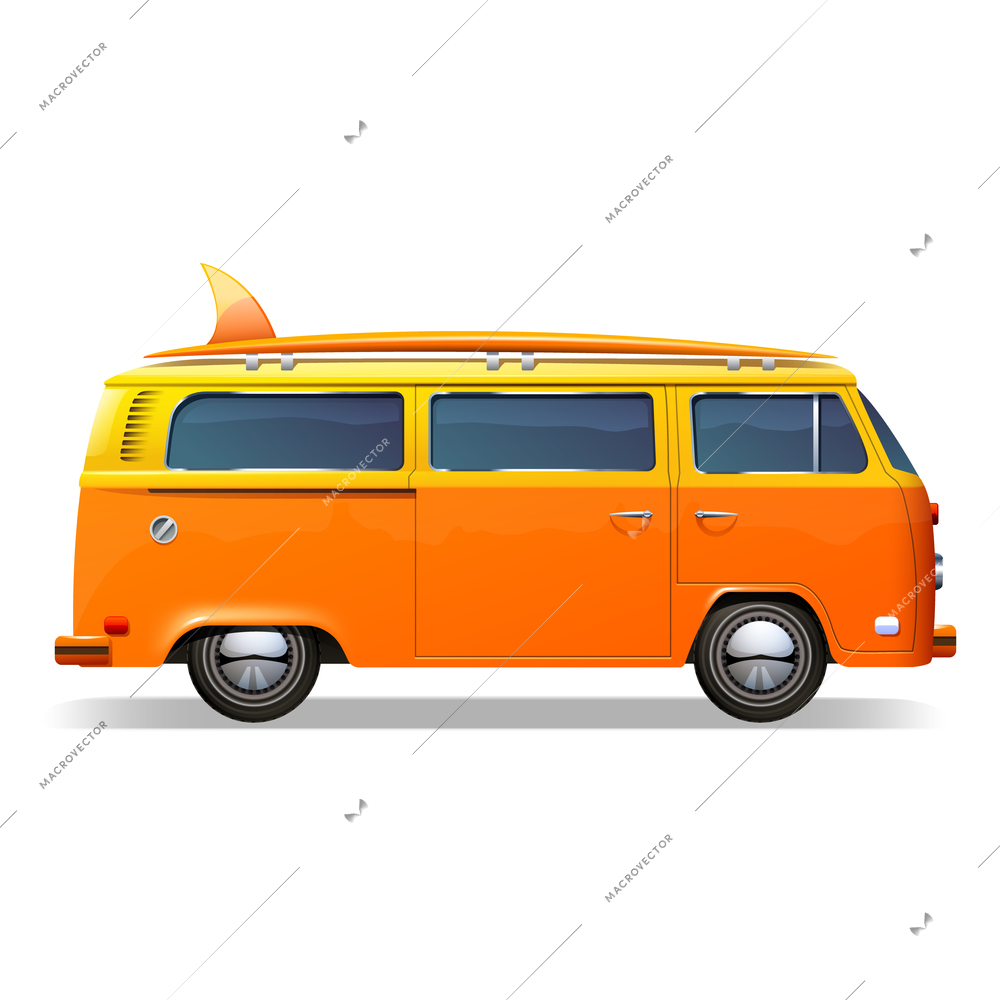 Orange retro bus with surf boards realistic isolated on white background vector illustration