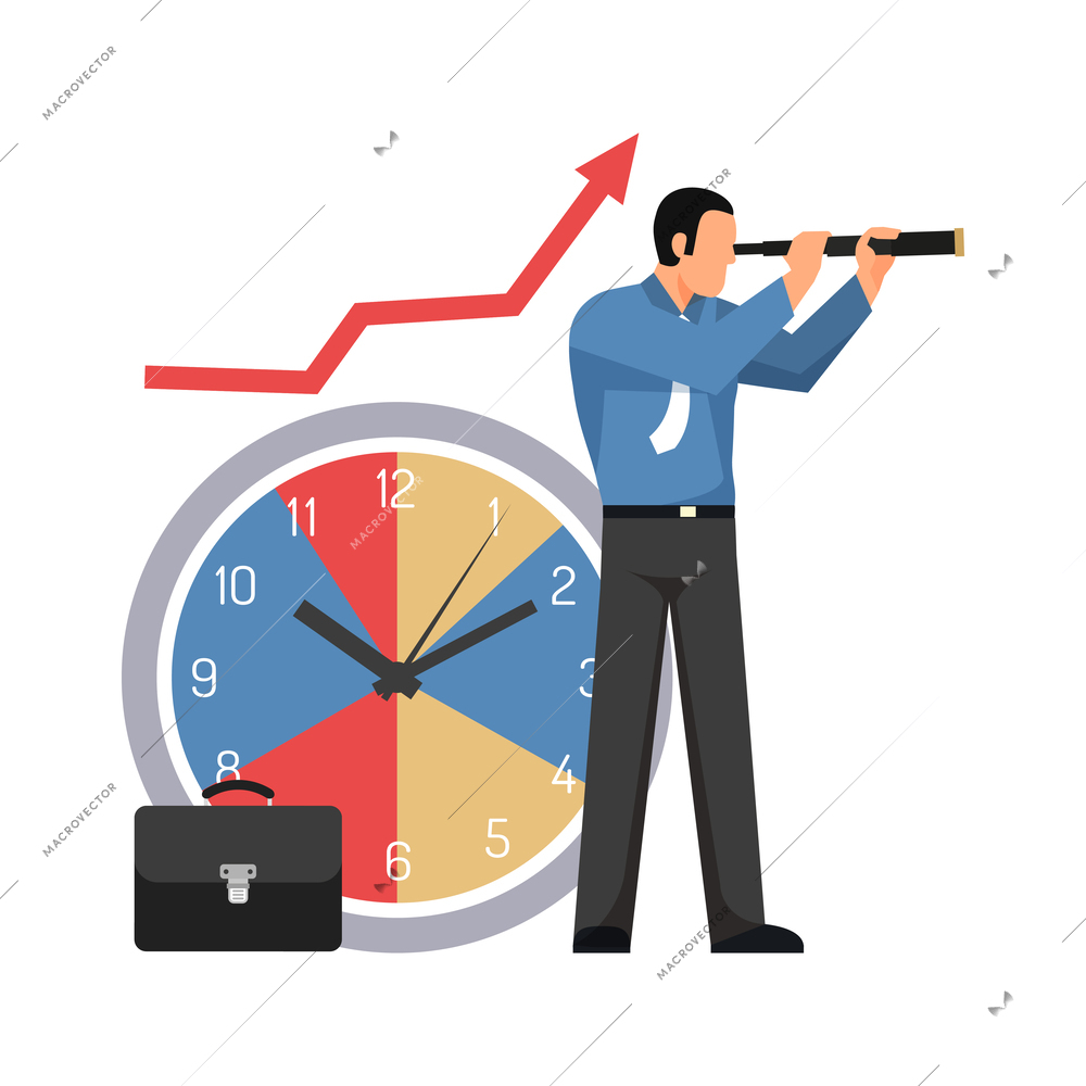 Business planning time management flat concept with businesssman looking through spyglass vector illustration