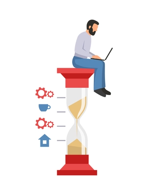 Business time management flat concept with man working on laptop sitting on hourglass vector illustration