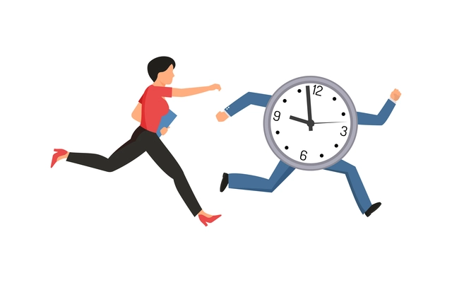 Business time management flat concept with woman running after clock vector illustration