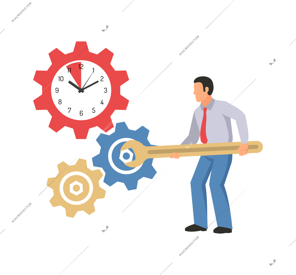 Business time management schedule organization flat concept with man and cogwheels vector illustration