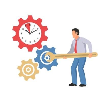 Business time management schedule organization flat concept with man and cogwheels vector illustration