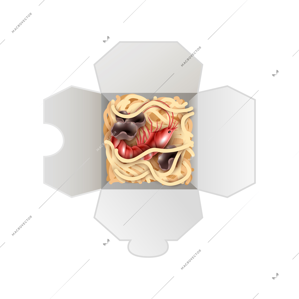 Realistic wok noodles with prawns and shiitake in cardboard box top view vector illustration