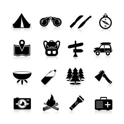 Camping icons black set with map backpack sign and car isolated vector illustration