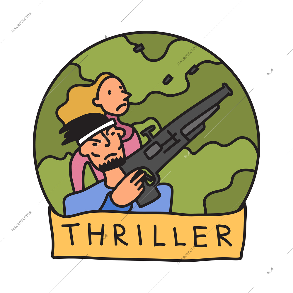Thriller film genre emblem in flat style vector illustration