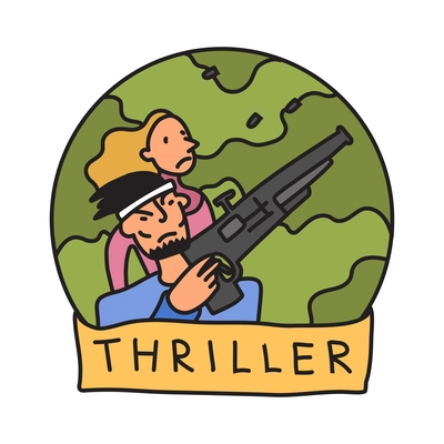Thriller film genre emblem in flat style vector illustration