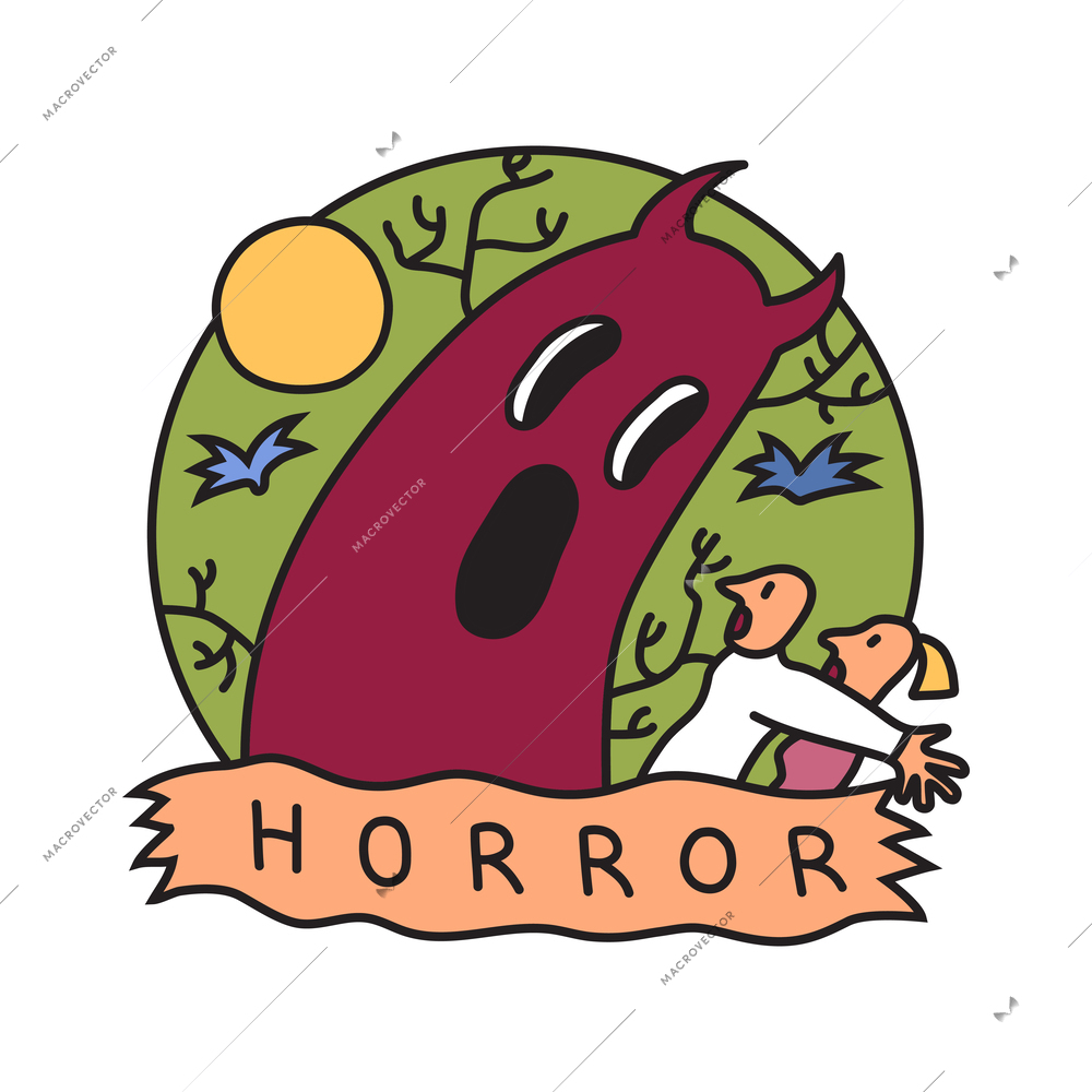 Flat horror film emblem with people running away from monster vector illustration