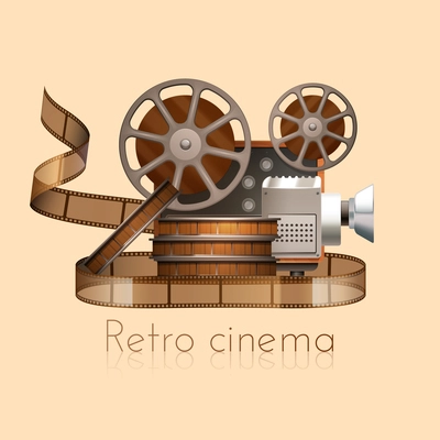 Retro cinema concept with realistic vintage camera projector and film reel vector illustration