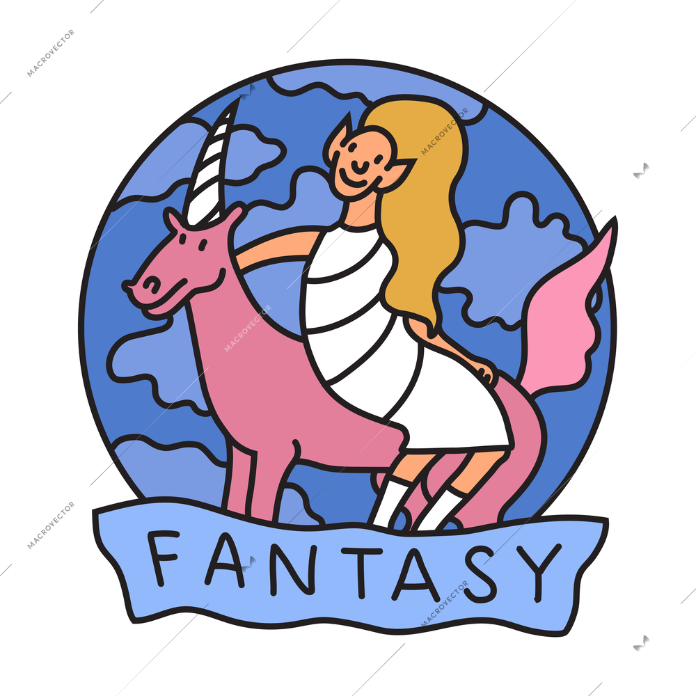 Fantasy film genre flat emblem with woman on unicorn vector illustration