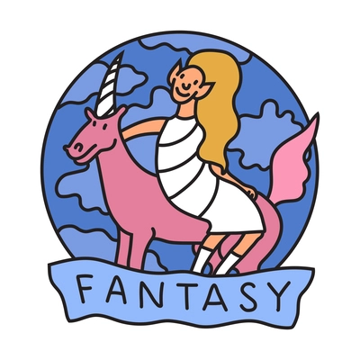 Fantasy film genre flat emblem with woman on unicorn vector illustration