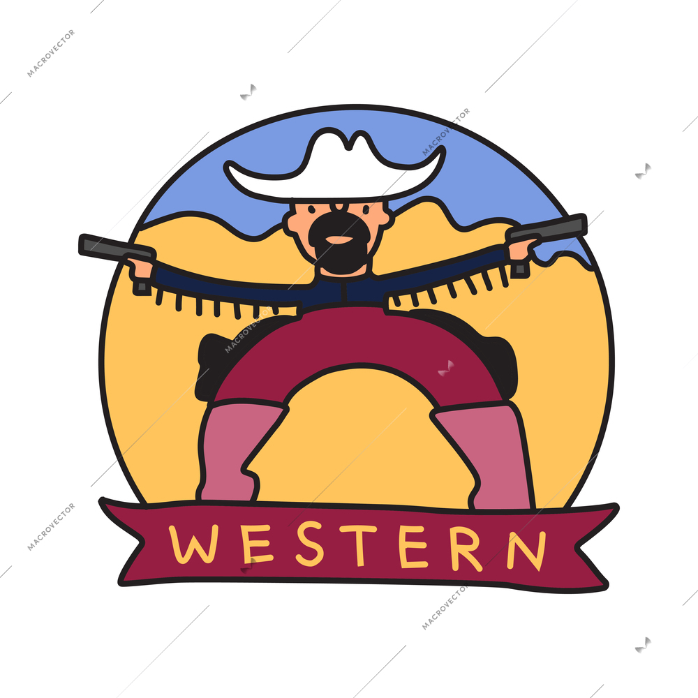 Western film genre cartoon emblem with cowboy holding handguns vector illustration