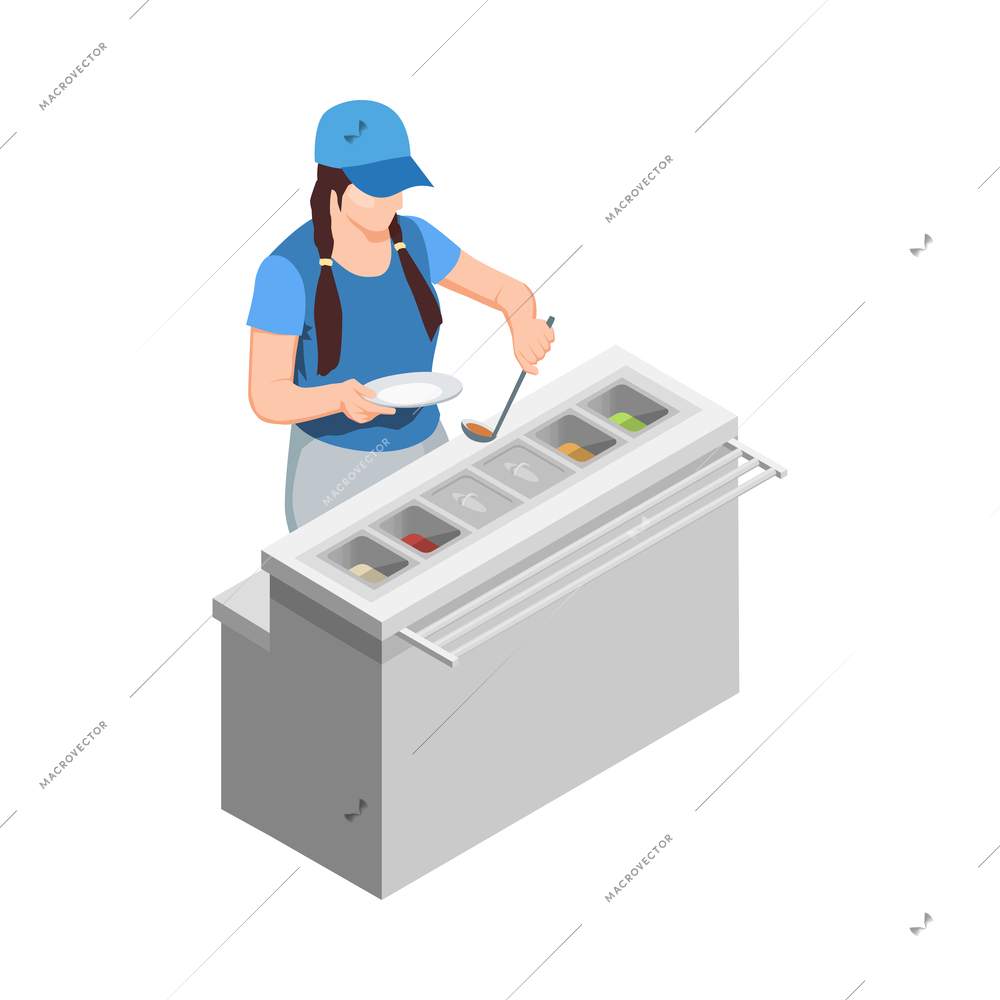 Female buffet worker with plate and ladle isometric icon vector illustration