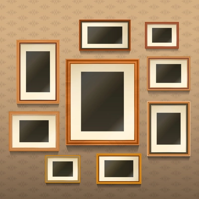 Set of realistic empty picture frames on wall with textured wallpaper vector illustration