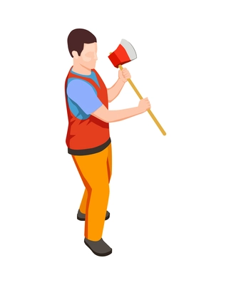 Lumberjack character with axe on white background isometric vector illustration