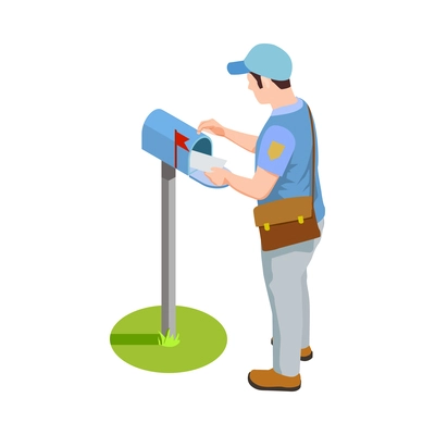 Postman putting letter into mailbox isometric icon vector illustration