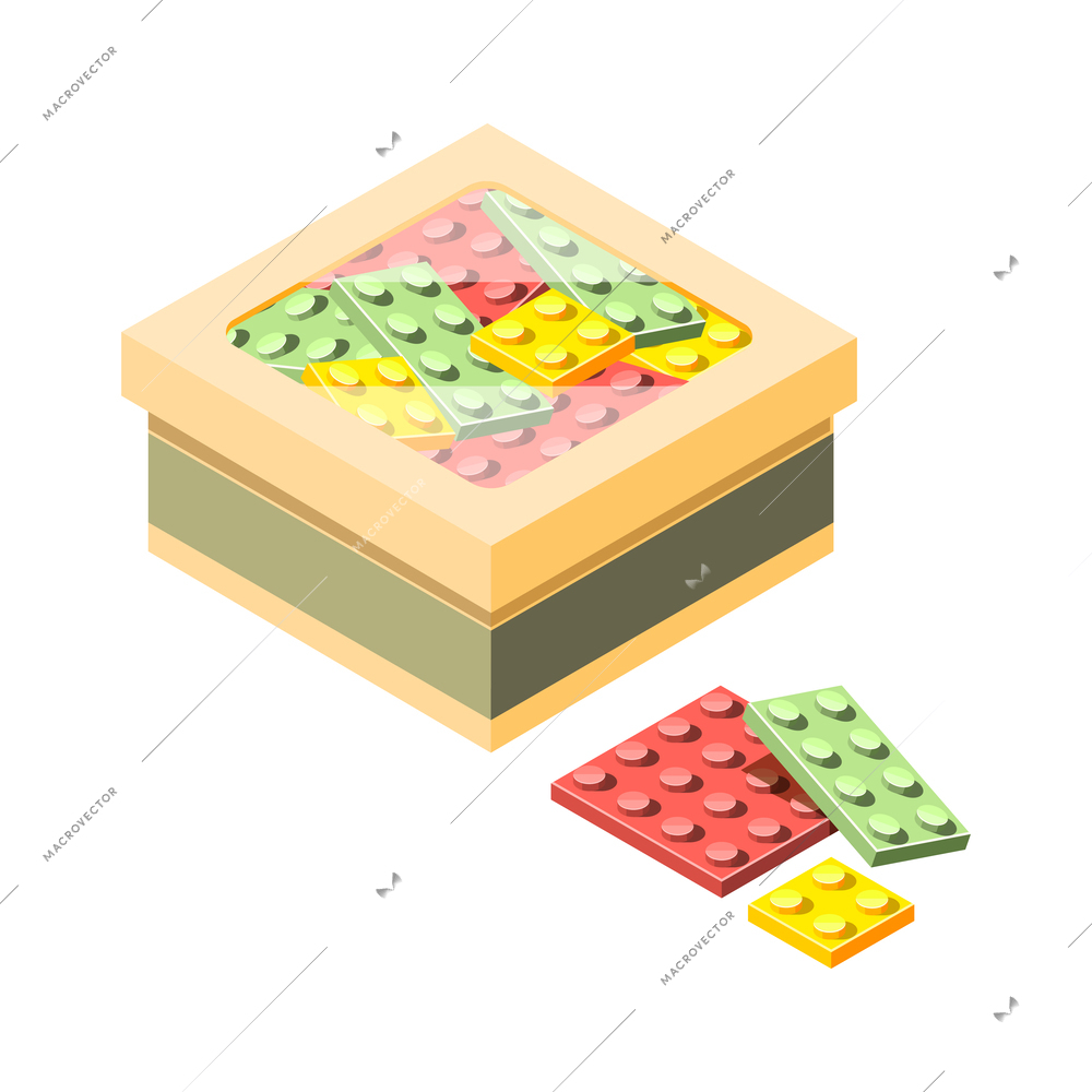 Plastic toy building blocks and tiles in box isometric icon 3d vector illustration