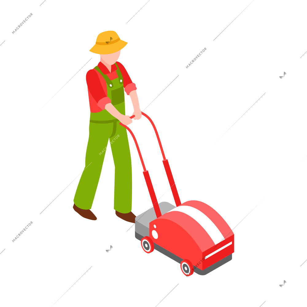 Male gardener with lawn mower isometric icon 3d vector illustration