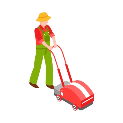 Male gardener with lawn mower isometric icon 3d vector illustration