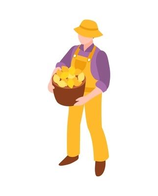 Isometric male character of farmer or gardener holding basket of lemons vector illustration