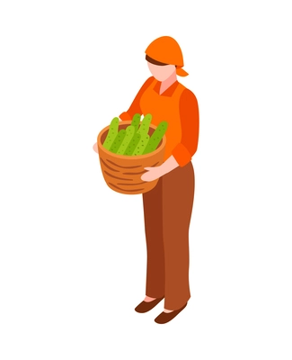 Female farmer holding basket with cucumbers isometric icon 3d vector illustration