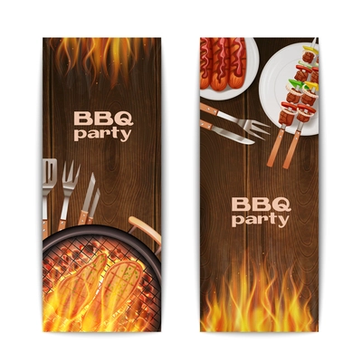 Bbq grill party vertical banners set with realistic hot fried on fire food isolated vector illustration