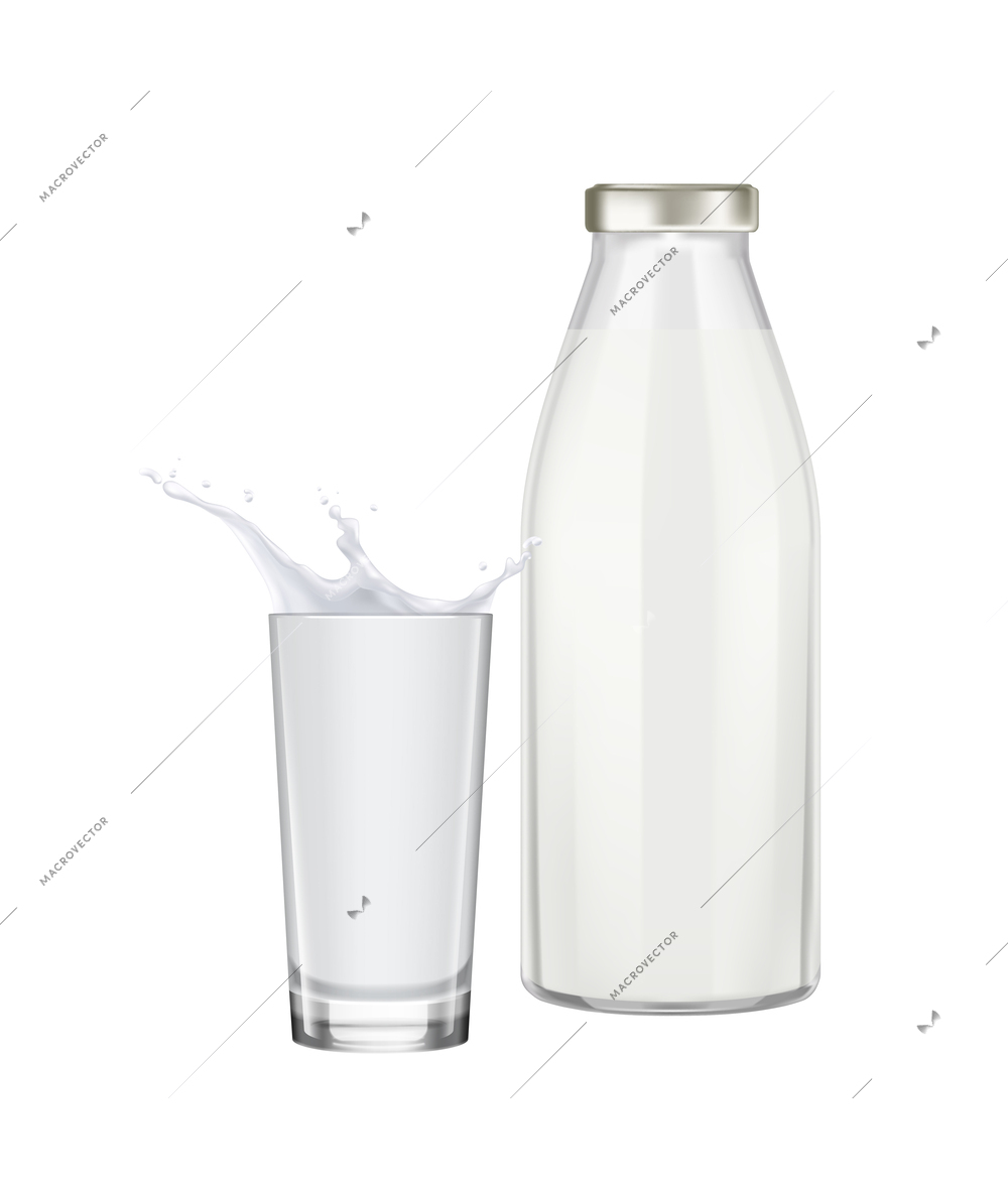 Realistic bottle and glass of milk with splashes vector illustration