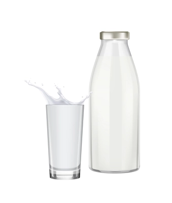 Realistic bottle and glass of milk with splashes vector illustration