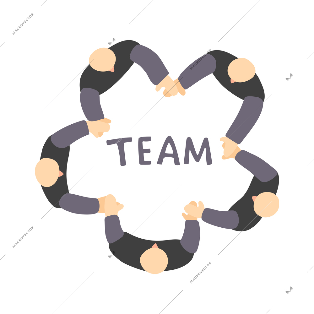 Teamwork team collaboration for success flat concept with people holding hands top view vector illustration