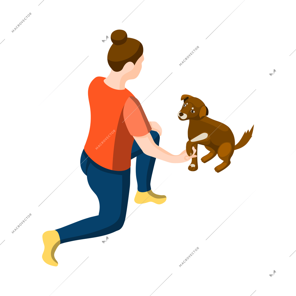 Animal care volunteering isometric icon with woman and cute puppy vector illustration