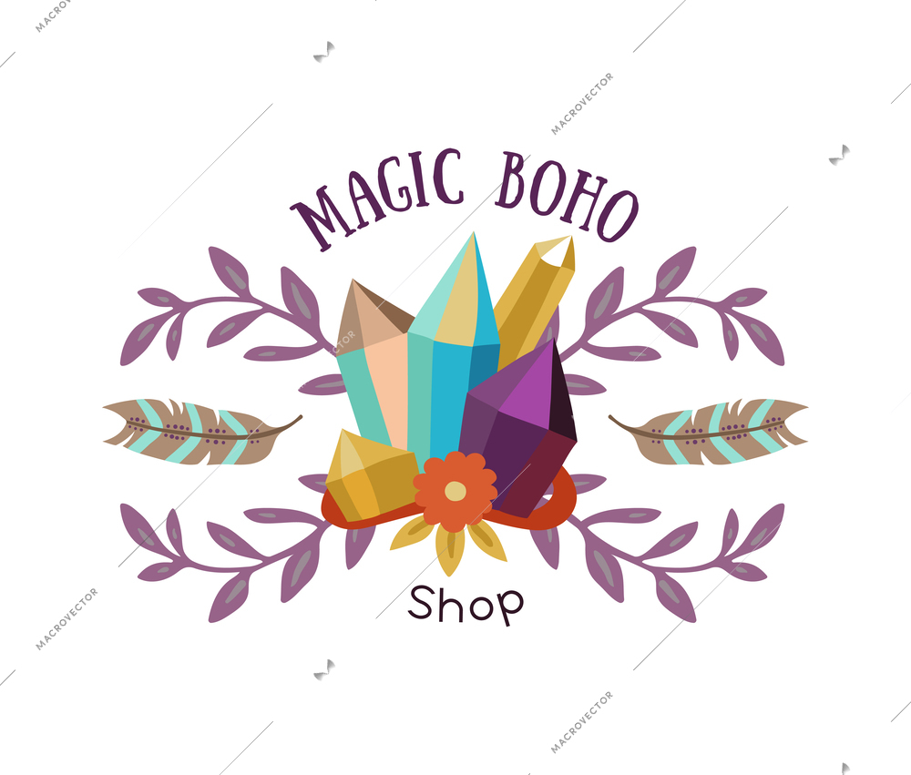 Boho shop flat emblem with magic tools vector illustration