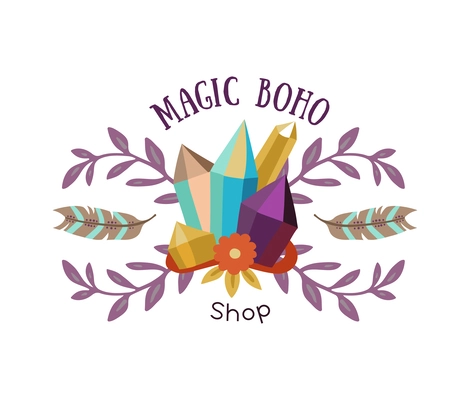 Boho shop flat emblem with magic tools vector illustration