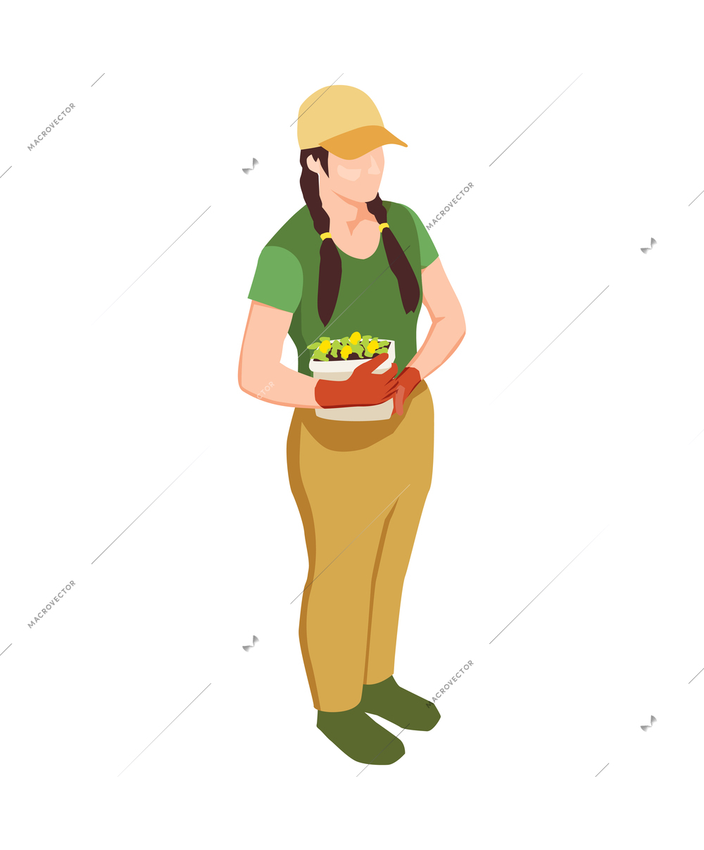 Female gardener holding pot with yellow flowers isometric icon 3d vector illustration