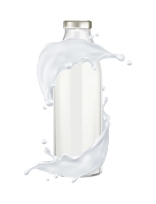 Realistic glass bottle of milk in splashes on white background vector illustration